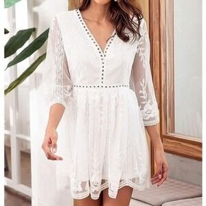 Ivory Allover Lace Sheer Back Small $48 3/4 Sleeve Fit And Flare Mini Dress